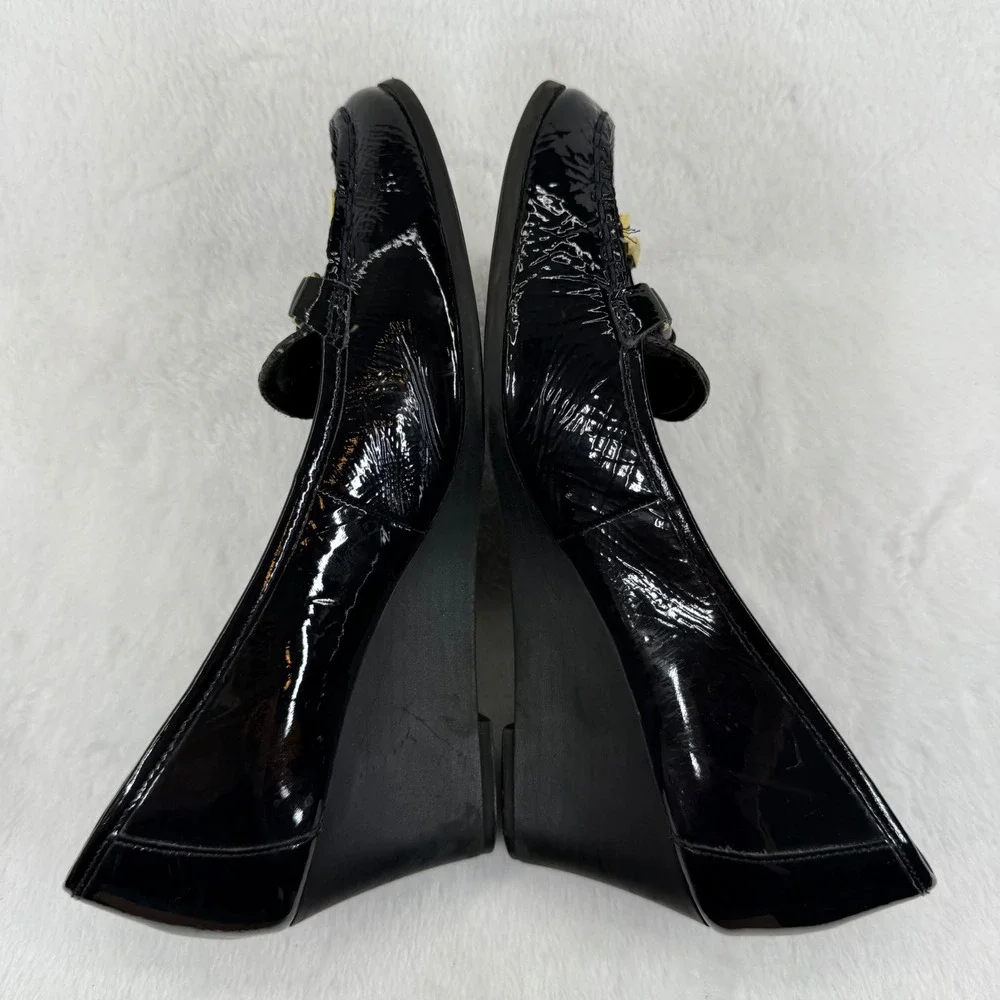 Lauren Ralph Lauren‎ Black Patent Leather Wedge Loafers with Gold Accents 8 READ